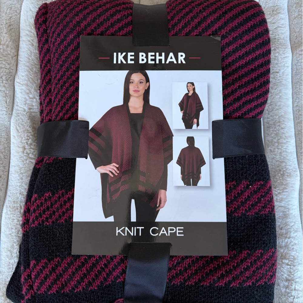 Ike Behar Knit Cape in Black and Burgundy NWT